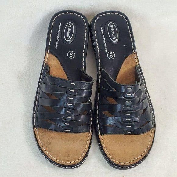 Dr. Scholl's Black Leather Strappy Low Platform Slip-On Sandals Size 9M - Picture 2 of 6